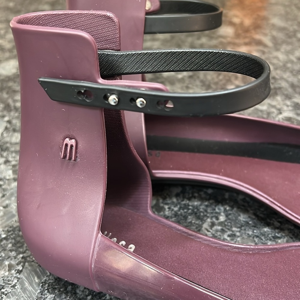 Melissa Sz 39/8 D’Orsay Ankle Pointed Toe Eggplant Purple Flat Sandals - New - Picture 6 of 8